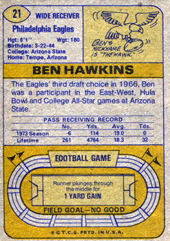 1974 Topps #21 Ben Hawkins Back