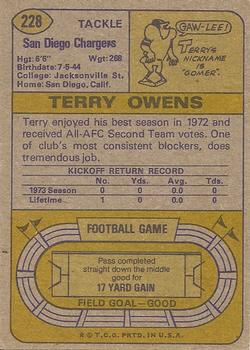1974 Topps #228 Terry Owens Back