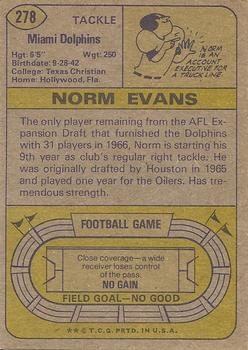 1974 Topps #278 Norm Evans Back