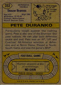 1974 Topps #353 Pete Duranko Back