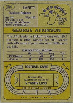 1974 Topps #384 George Atkinson Back