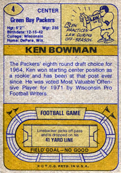 1974 Topps #4 Ken Bowman Back