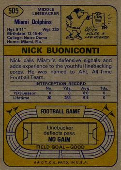 1974 Topps #505 Nick Buoniconti Back