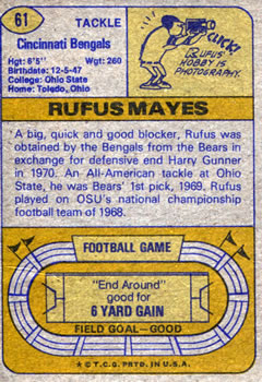 1974 Topps #61 Rufus Mayes Back