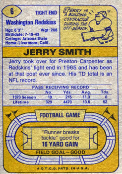 1974 Topps #6 Jerry Smith Back