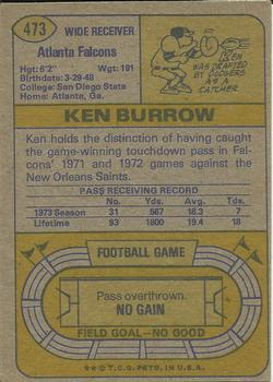 1974 Topps #473 Ken Burrow Back