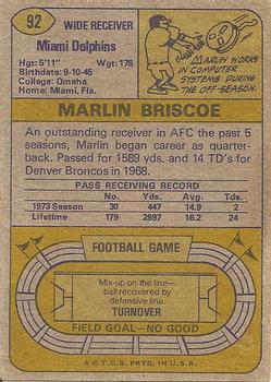 1974 Topps #92 Marlin Briscoe Back