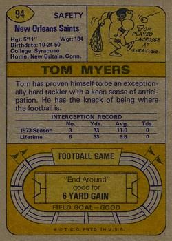 1974 Topps #94 Tom Myers Back