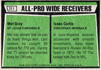1975 Topps #211 1974 All-Pro Wide Receivers (Mel Gray / Isaac Curtis) Back
