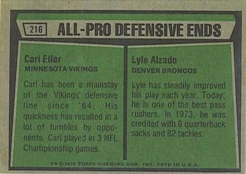 1975 Topps #216 1974 All-Pro Defensive Ends (Carl Eller / Lyle Alzado) Back