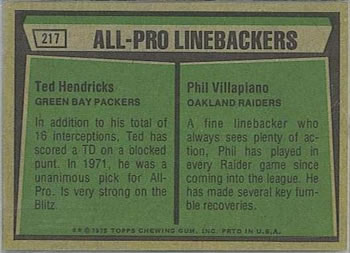 1975 Topps #217 1974 All-Pro Linebackers (Ted Hendricks / Phil Villapiano) Back
