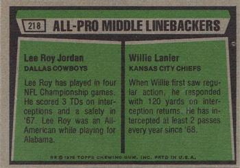 1975 Topps #218 1974 All-Pro Middle Linebackers (Lee Roy Jordan / Willie Lanier) Back