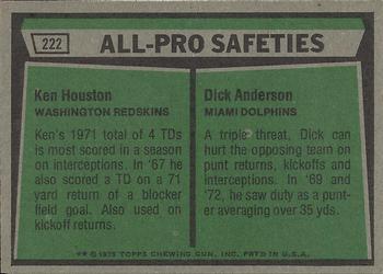 1975 Topps #222 1974 All-Pro Safeties (Ken Houston / Dick Anderson) Back