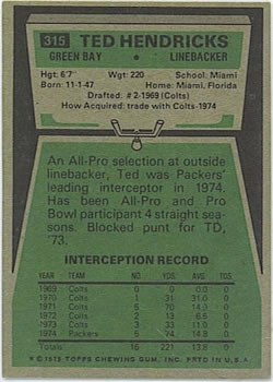 1975 Topps #315 Ted Hendricks Back