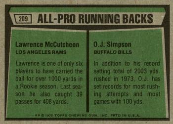 1975 Topps #209 1974 All-Pro Running Backs (Lawrence McCutcheon / O.J. Simpson) Back