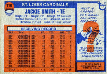 1976 Topps #116 Jackie Smith Back