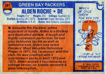 1976 Topps #241 Alden Roche Back