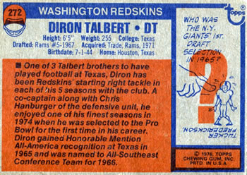 1976 Topps #272 Diron Talbert Back
