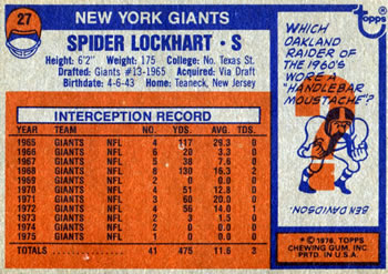 1976 Topps #27 Spider Lockhart Back