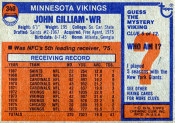1976 Topps #340 John Gilliam Back