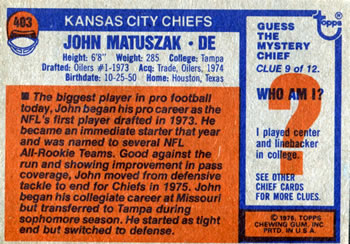 1976 Topps #403 John Matuszak Back