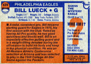 1976 Topps #439 Bill Lueck Back