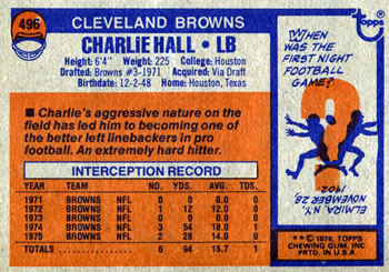 1976 Topps #496 Charlie Hall Back