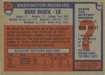 1976 Topps #31 Brad Dusek Back