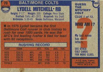 1976 Topps #70 Lydell Mitchell Back