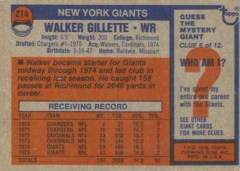 1976 Topps #214 Walker Gillette Back