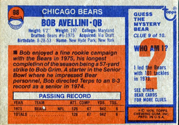 1976 Topps #98 Bob Avellini Back
