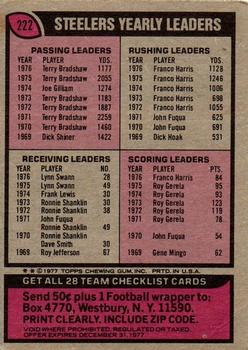 1977 Topps #222 Steelers Checklist/Leaders Back