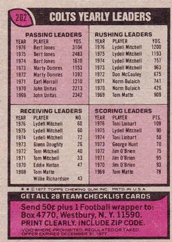 1977 Topps #202 Colts Checklist/Leaders Back