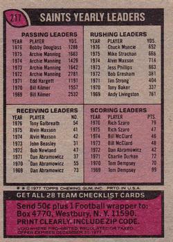 1977 Topps #217 Saints Checklist/Leaders Back