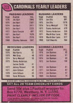 1977 Topps #223 Cardinals Checklist/Leaders Back