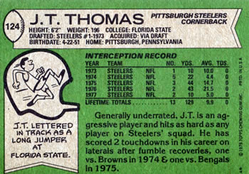 1978 Topps #124 J.T. Thomas Back