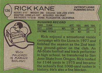 1978 Topps #126 Rick Kane Back