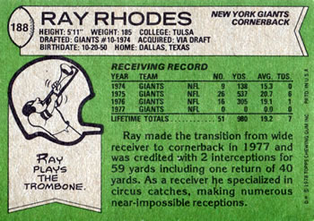 1978 Topps #188 Ray Rhodes Back
