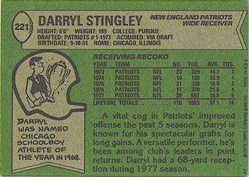 1978 Topps #221 Darryl Stingley Back