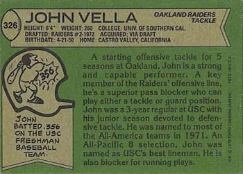 1978 Topps #326 John Vella Back