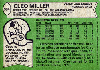 1978 Topps #394 Cleo Miller Back