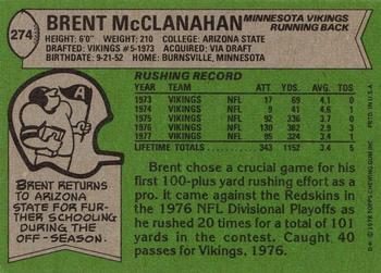 1978 Topps #274 Brent McClanahan Back