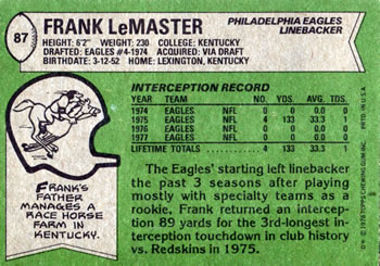 1978 Topps #87 Frank LeMaster Back