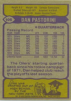 1979 Topps #105 Dan Pastorini Back