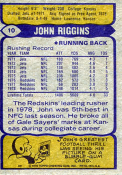 1979 Topps #10 John Riggins Back