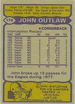 1979 Topps #176 John Outlaw Back