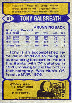 1979 Topps #191 Tony Galbreath Back