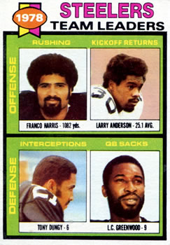 1979 Topps #19 Steelers Team Leaders / Checklist (Franco Harris / Larry Anderson / Tony Dungy / L.C. Greenwood) Front