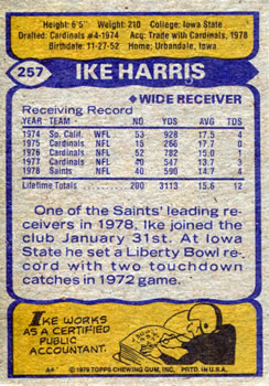 1979 Topps #257 Ike Harris Back