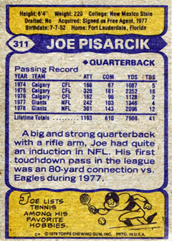 1979 Topps #311 Joe Pisarcik Back